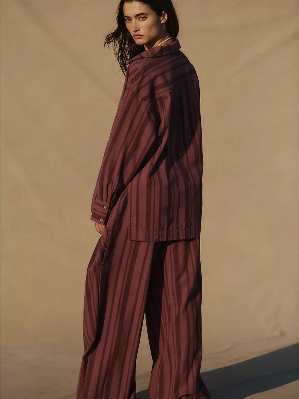 Striped Wide-Leg Pants and Shirt Set - Burgundy
